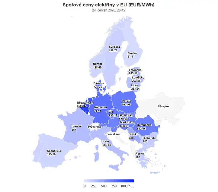 Spotové ceny elektřiny v EU 24. 6. 2026